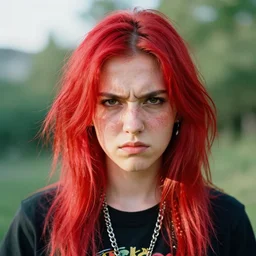 vibrant, color, beautiful portrait of a androgynous person with red hair and punk outfit. annoyed look, acne, uneven skintone, dry skin, redhead, center parting, in the morning, natural light, sigma 8 5 mm, nikon 5 0 mm f / 1. 8 g, by lee jeffries