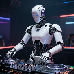 futuristic robot dj made of white reflective plastic at a techno music club, very detailed, intricate