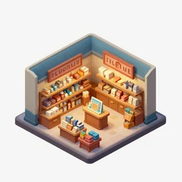 isometric view of a general store on a spaceship, from a lucasarts point and click 2 d graphic adventure game, art inspired by thomas kinkade
