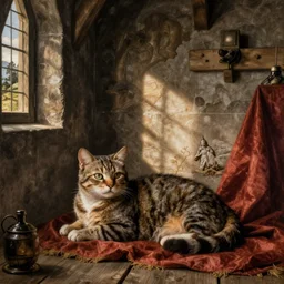 sill life with a cat, medieval house interior, Durer style