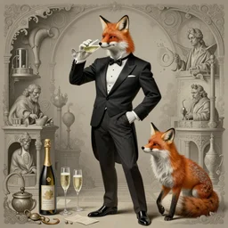 fox in a tuxedo drinking champagne, wide angle, highly detailed by peter mohrbacher, elegant, intrincate, wayne barlowe, boris vallejo