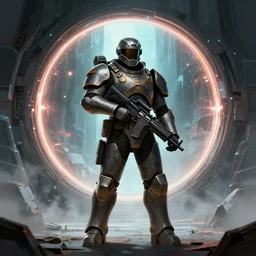 an armor - plated soldier carrying a plasma rifle, standing in front of a portal to another dimension, art by emmanuel shiu