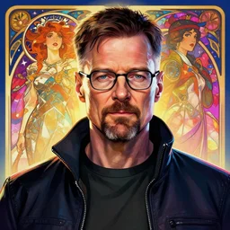 high quality illustration, walter white realistic portrait, cyberpunk, alphonse mucha, riot game, beautiful, epic camera, alexandre bourlet, colorful background, arcane, lois van baarle, league of legend, digital painting, james jean, dynamic colors, greg rutkuwsky, artstation, concept art, neon