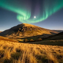 double exposure of a beautiful golden hour welsh hill and beautifully enchanted fields, moonlight, aurora borealis, cosmic stars, grainy film, cinematic, haunted psychedelic VHS glitch