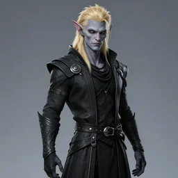 male rogue changeling, black clothes, blond hair, grey skin, dnd character, stuning 3 d render, masterpiece, glowing aura, by donato giancola and greg rutkowski and wayne barlow and zdzisław beksinski, realistic face