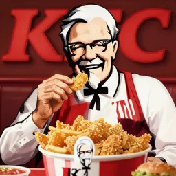 Colonel Sanders eating a bucket of KFC, realistic, 8k, detailed