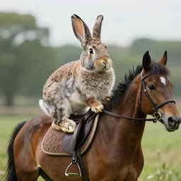 rabbit riding horse, realistic photography