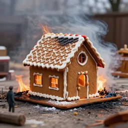 gingerbread house arson scene, high resolution news photo