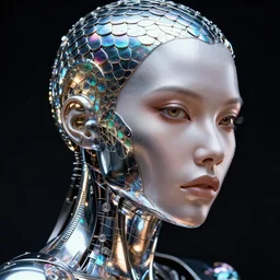hyper realistic and detailed closeup photo of a chrome female android with segmented iridescent scales and inner light in blade runner by annie leibovitz