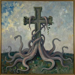 vintage beautiful painting of a tau cross being overgrown by tentacles in Mary Cassatt style