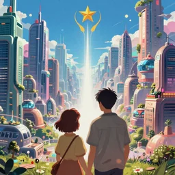 a couple facing the desperate call of the void, futuristic cityscape, unreal 5 render, vivid colors, high detail, clear weather, studio ghibli, history painting, digital art, octane render, beautiful composition, trending on artstation, award - winning photograph, masterpiece