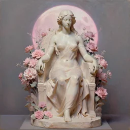 oil painting sculpture of a woman seated on a throne in flowers yuming li sussmann, soft beige and pink, neon moonlight, artstation