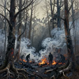 burned forest, smoke, shadowy creatures, extremely detailed oil painting, unreal 5 render, digital art, landscape painting, octane render, beautiful composition, trending on artstation, award winning photograph, masterpiece