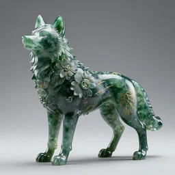 transparent dark green jade sculpture of a wolf growing flowers on its body. delicate veins of gold in the background. photorealistic. hyper - realistic. extremely detailed. 4 k. volumetric lighting. eevee render. ray tracing.