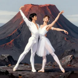pair of handsome ballet dancers in white suits on a rock inside a volcano, digital drawing, hyperrealistic, high intricate details, anime, artstation, soft light