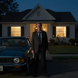 movie scene, hofman waiting outside a house in his car, night, silenced pistol, by emmanuel lubezki