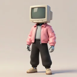 a robot with a crt monitor for a head and wearing a leather bomber jacket, black sweatpants, pastel aesthetic, studio ghibli, character design, fantasy, 8 k resolution