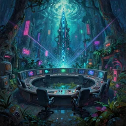 a beautiful very detailed painting of control room city abandoned by ilya kuvshinov, fisheye forest vaporwave uv light hyperrealism cyberpunk san andreas wilderness atlantis anime elysian darkacademia bioshock fantasy rainforest laser postcyberpunk neon signs crystal, archdaily, wallpaper, highly detailed, trending on artstation.
