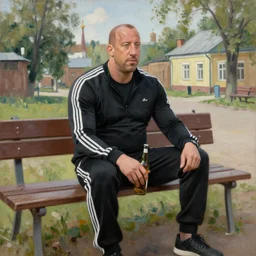 vin diesel in black adidas sport costume, as gopnik character, sitting on a bench with a bottle of beer in the courtyard of a provincial russian town, intricate, oil on canvas, naturalism