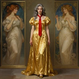 girl wearing golden dress, grey hair, red necktie, cinematic, stunning, highly detailed, digital painting, artstation, hard focus, full body shot, illustration, art by artgerm and greg rutkowski and alphonse mucha