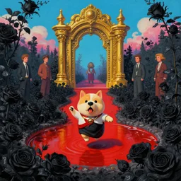 wide angle dynamic portrait of a chibbi dogon priest in a black rose garden with a red pond and a golden ornate steampunk portal, by mark ryden and todd schorr and mark davis and thomas kinkade in a surreal lowbrow style, digital paint, matte paint, vivid synthwave colors, breathtaking landsape