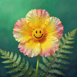 A beautiful print of a flower with a smiling face in the center. The petals are a bright color, and the stem is green. The background is a gradient of colors. fern green by Ed Roth mild