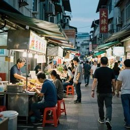 a taiwanese hawker center at twilight, merchant stands, customers, busy, bustling, pedestrians, by ruan jia and greg rutkowski and conrad roset