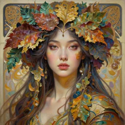 a beautiful woman in intricate detailed color oilpaint, 3 d render, hyper realistic detailed portrait, big flocking color leaves, ornate leaves, elegant, intense colors, ruan jia, wlop. scifi, fantasy, hyper detailed, octane render, concept art, by peter mohrbacher, by alphonse mucha, by wlop, by ruan
