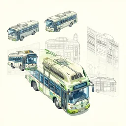 isometric, spread sheet,  scifi  bus Designs, Details, illustration , in the style of Studio ghibli, tekkon kinkreet, akira, breath of the wild, myazaki, anime, clean render, denoise, rule of thirds