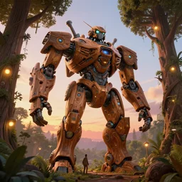 giant wooden mecha, constructing organic wooded self growing tree building, solarpunk, organic bioluminescent street lights, forest canopy understory, cinematic lighting, sunset, octane render, 3 d pixar disney digital cgi rtx hdr painting, highly detailed, artstation cgsociety masterpiece, by syd mead, greg rutkowski, wlop, artger