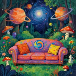 psychedelic trippy couch in the lush forest, planets, flowers, mushrooms milky way, sofa, cartoon by giuseppe arcimboldo