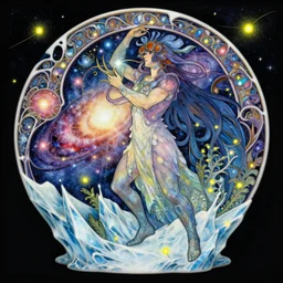 cuberpunk, galaxy character, carving on southern ice porcelain, overdetailed art, by greg rutkowski, by alfons mucha, complementing colors, magic, colorful lights, fireflies, detailed illustration