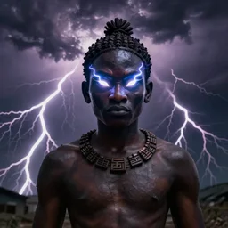 shango, african god of thuder with electric eyes, violent thunderstorm!!, dim light, front game card, marvel comics, dark, intricate, highly detailed, smooth, artstation, digital illustration by jeff easley and mandy jurgens and artgerm and wayne barlowe and greg rutkowski and tim hilderbrandt