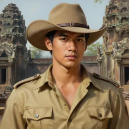 a smart and handsome and beautiful thai male dressed as hunter in armed, close - up portrait, with 6 0 s khaki western hat, khaki safari hunter costume, ancient khmer ruin in background, intricate, elegant, loin cloth, highly detailed, oil painting, artstation, concept art, matte, sharp focus, illustration, hearthstone, art by earl norem