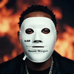 a photo of kendrick lamar wearing a maison margiela mask, bokeh, color grading, filmic, dslr, velvia, vintage, spectral color, fire, burn, inferno, post - production, in a symbolic and meaningful style, insanely detailed and intricate, hypermaximalist, elegant, ornate, hyper realistic, super detailed