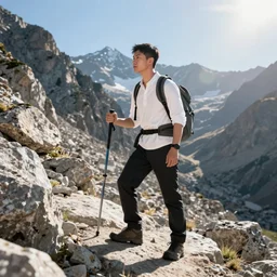 asian man, hiking in rocky mountain, black trousers and white shirt, sunrays, intricate, elegant, digital painting, highly detailed, artstation, sharp focus, illustration, ruan jia, aleksi briclot, rutkowski