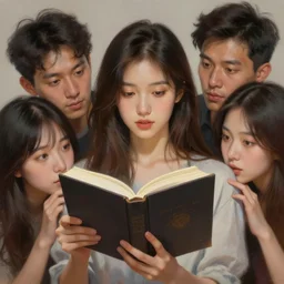 hyperrealistic painting of a beautiful young woman holding a book while three men and a woman peep into the book from behind, detailed digital art, trending on artstation