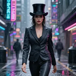 stylish woman made out of rain, pinstripe suit, top hat, cyberpunk background, rendered in octane, unreal engine, highly detailed, trending on artstation, realistic, neon, beautiful