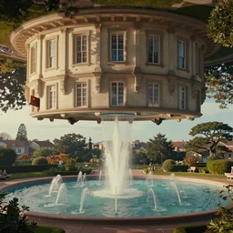 a very high resolution image from a new movie, upside - down building and fountain, beautiful scenery, photorealistic, photography, directed by wes anderson