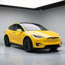 a beautiful!!!!!!! studio photograph of a yellow-Tesla-Model-X; f/1.4; 90mm