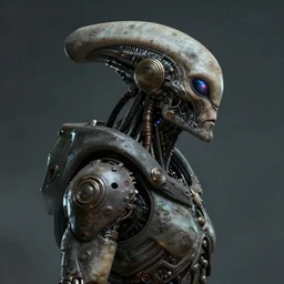 a rugged alien with cybernetic enhancements, scifi character portrait by greg rutkowski, esuthio, craig mullins, 1 / 4 headshot, cinematic lighting, dystopian scifi gear, gloomy, profile picture, mechanical, half robot, implants, steampunk