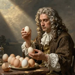 Isaac Newton examining eggs
