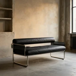 tubular lounge chair in the style of marcel breuer in a brutalist apartment, soft warm lighting