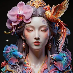 goddess full painted acryllic sculpture close-up portrait. orchid bird phoenix jellyfish betta fish, intricate artwork by Tooth Wu and wlop and beeple. octane render, trending on artstation, greg rutkowski very coherent symmetrical artwork. cinematic, hyper realism, high detail, octane render, 8k
