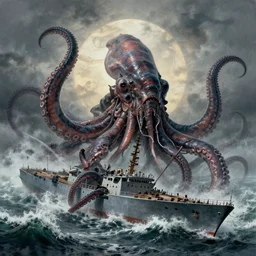 giant kraken monster with huge tentacles entangled with sinking frigate in the waves of a stormy ocean, by jmw turner