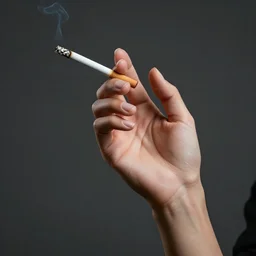 professional portrait of woman hand, hand holding lit cigarette, hand have 5 fingers, perfect, award winning photo, sharp focus, hdr, caustic lights, volumetric lighting, atmospheric lighting