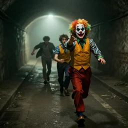 a man barely wearing clothing and wearing clown hair chasing after a man through a dark foggy tunnel.