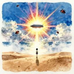 anime movie screenshot, paper texture, ( ( detailed watercolor ) ) one lonely character by tatsuyuki tanaka, vanishing point, by ghibli!!! nausicaa!!, desert!!!, bove the sea and fog, rim light, long shadows, bright, miyazaki, vibrant, motion, airship, flying beetles