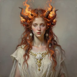 oil portrait | full medium shot | front close - up | head on | dressed in long rags, fire in your hair, ethereal, biblically accurate goddess, demon, fractal, ornaments of white gold in your clothes, artistically realistic, octane render, devianart, fine art, intrincate. by peter mohrbacher, marc simonetti and anna podedwor