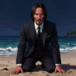 highly detailed full head portrait of suffering john wick kneeling on a beach looking with horror into the dark abys, concept art by jama jurabaev cel shaded cinematic ultra wide shot trending on artstation high quality brush stroke hyperspace vibrant